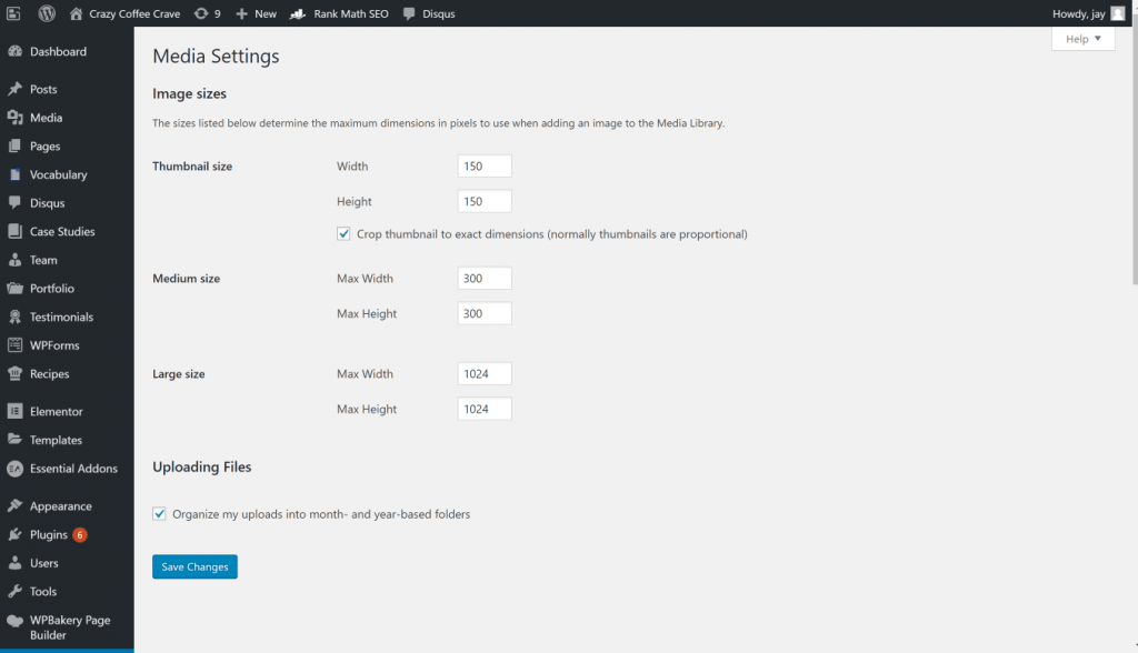 Configurações de mídia do WordPress